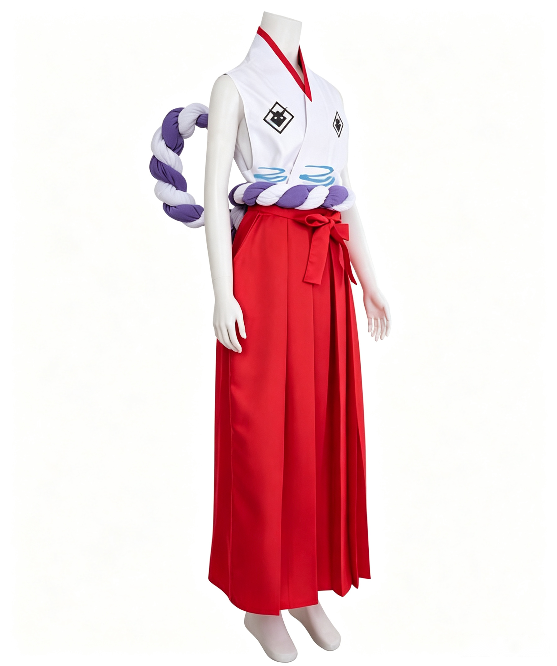 CosNova red white horned warrior costume mannequin side view