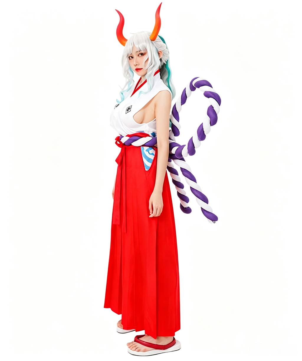 CosNova red white horned warrior costume side view with braided purple white sash