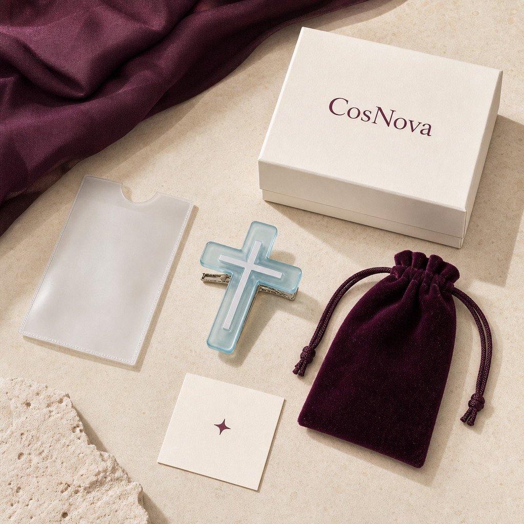 CosNova light cyan cross hair clip with sleeve plum pouch care card and branded box