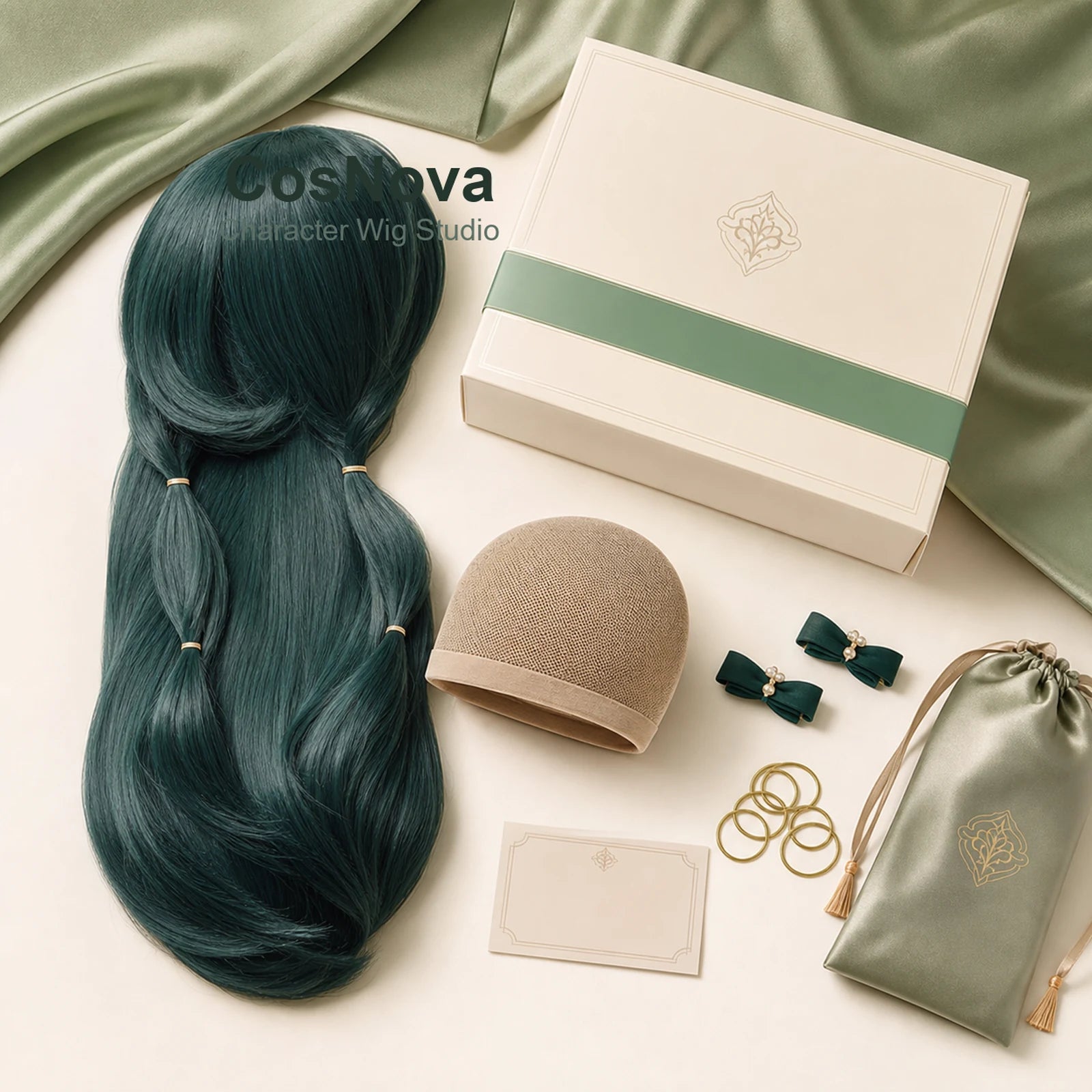 CosNova long dark green cosplay wig packaging with wig cap, clips, gold bands, and care accessories