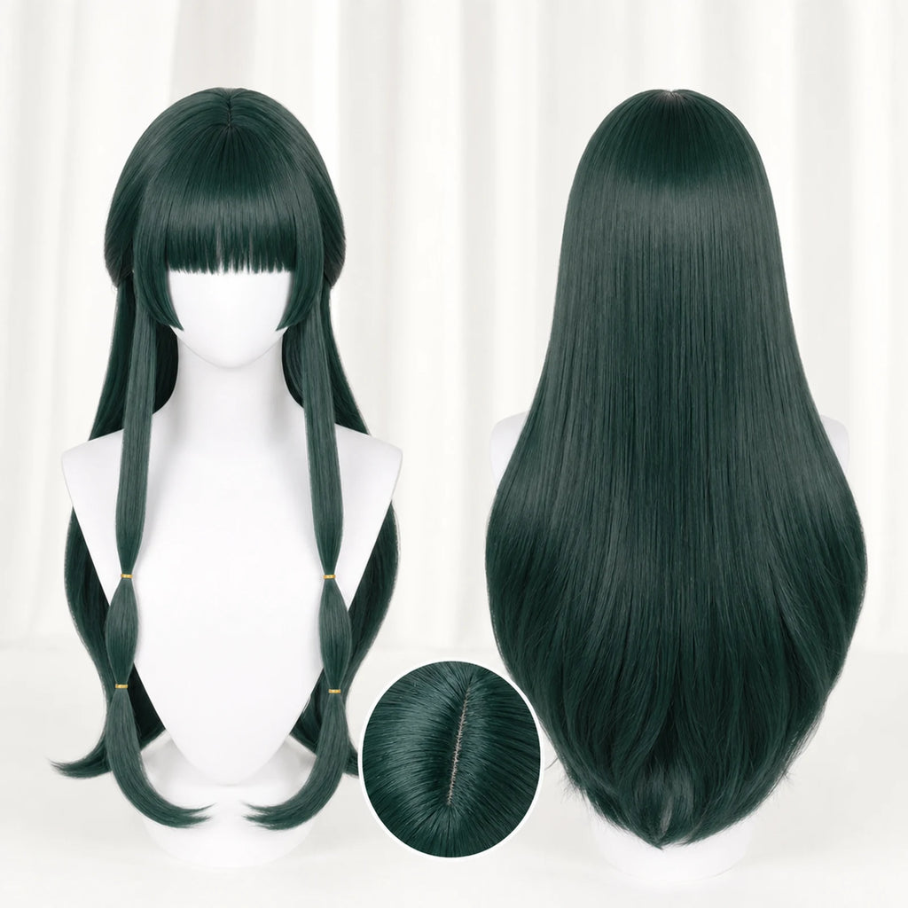 CosNova Type 1 long dark green Maomao-inspired cosplay wig front and back view with side ties