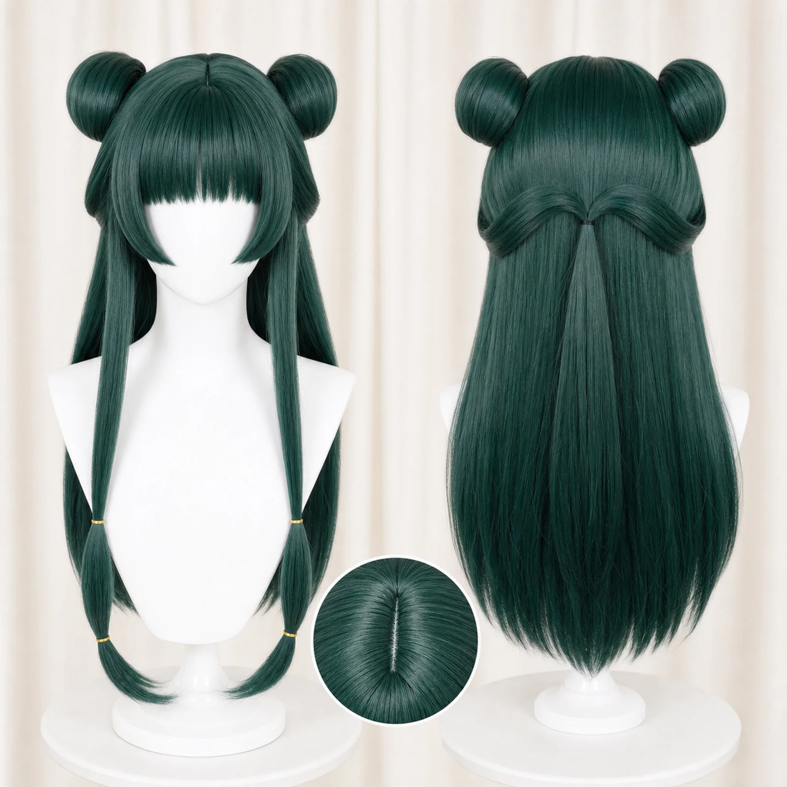 CosNova Type 2 long dark green cosplay wig with twin buns and long tied front sections