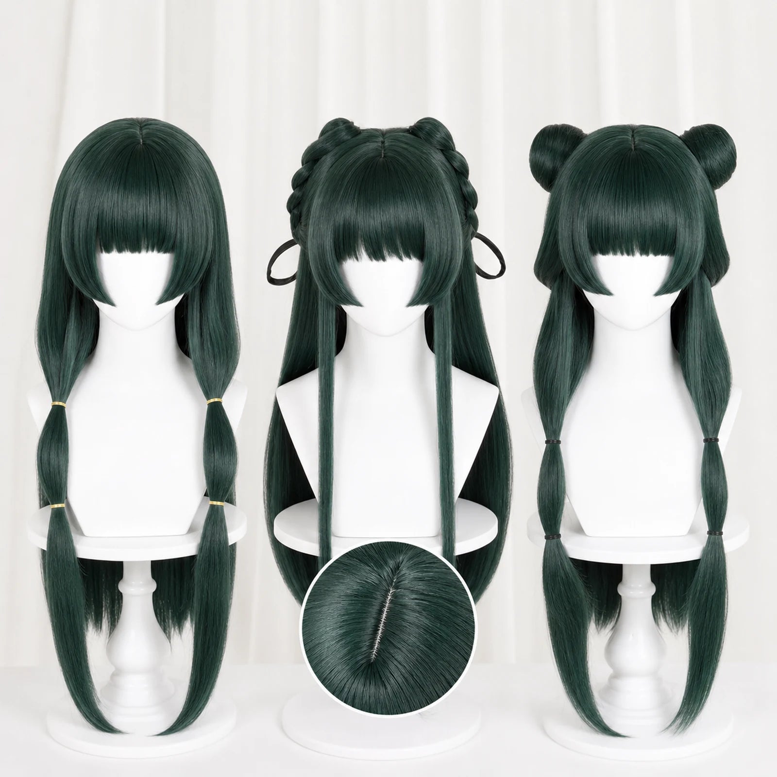 CosNova Type 3 dark green Maomao-inspired wig styling set with three display silhouettes
