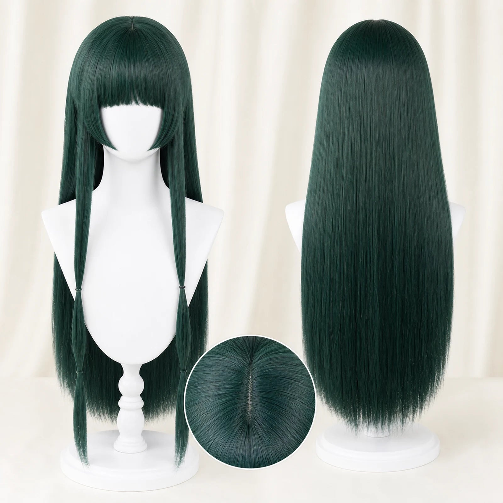 CosNova Type 4 long straight dark green cosplay wig front and back view with blunt bangs