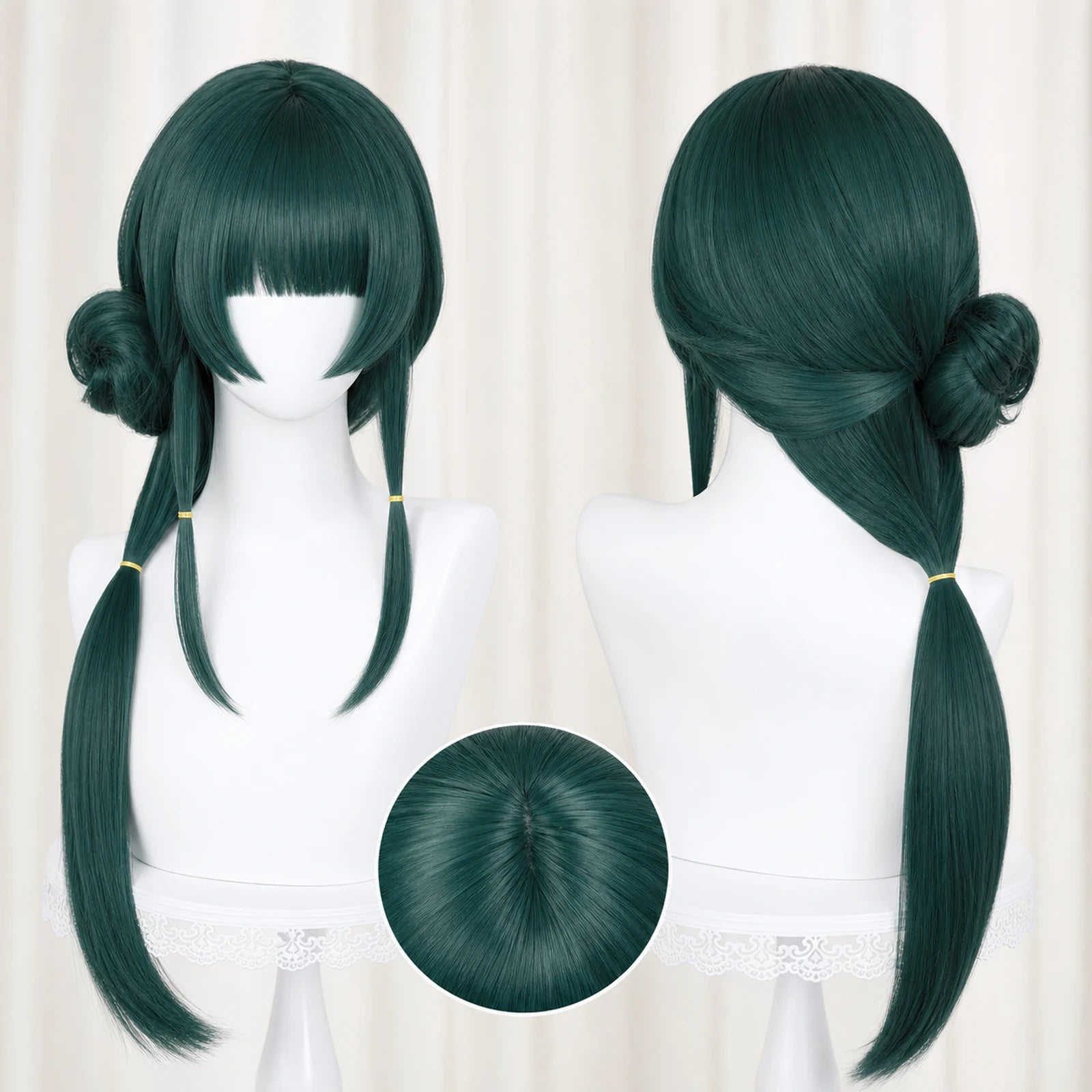 CosNova Type 5 long dark green cosplay wig with side bun and swept back styling