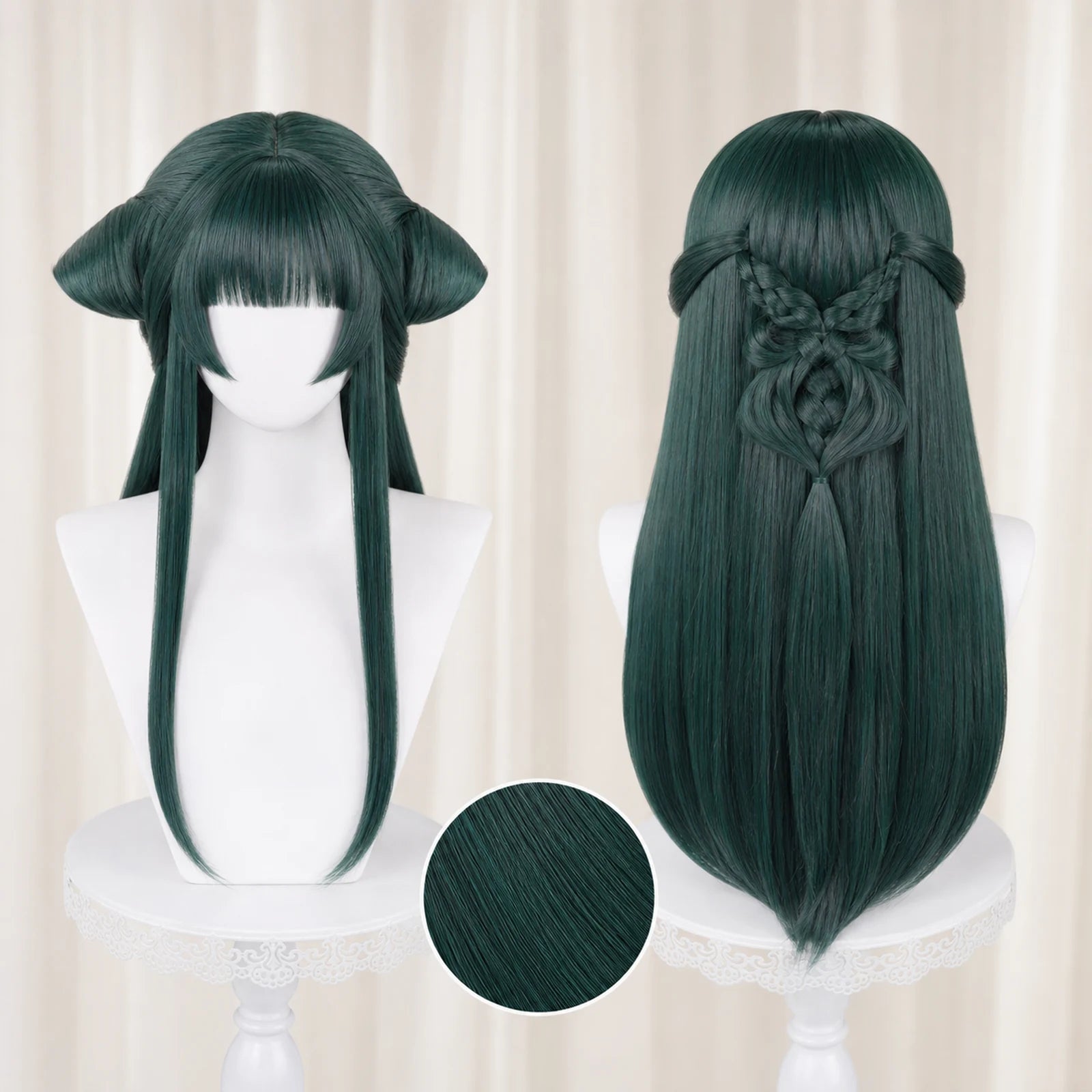 CosNova Type 7 long dark green cosplay wig with sculpted top pieces and braided back