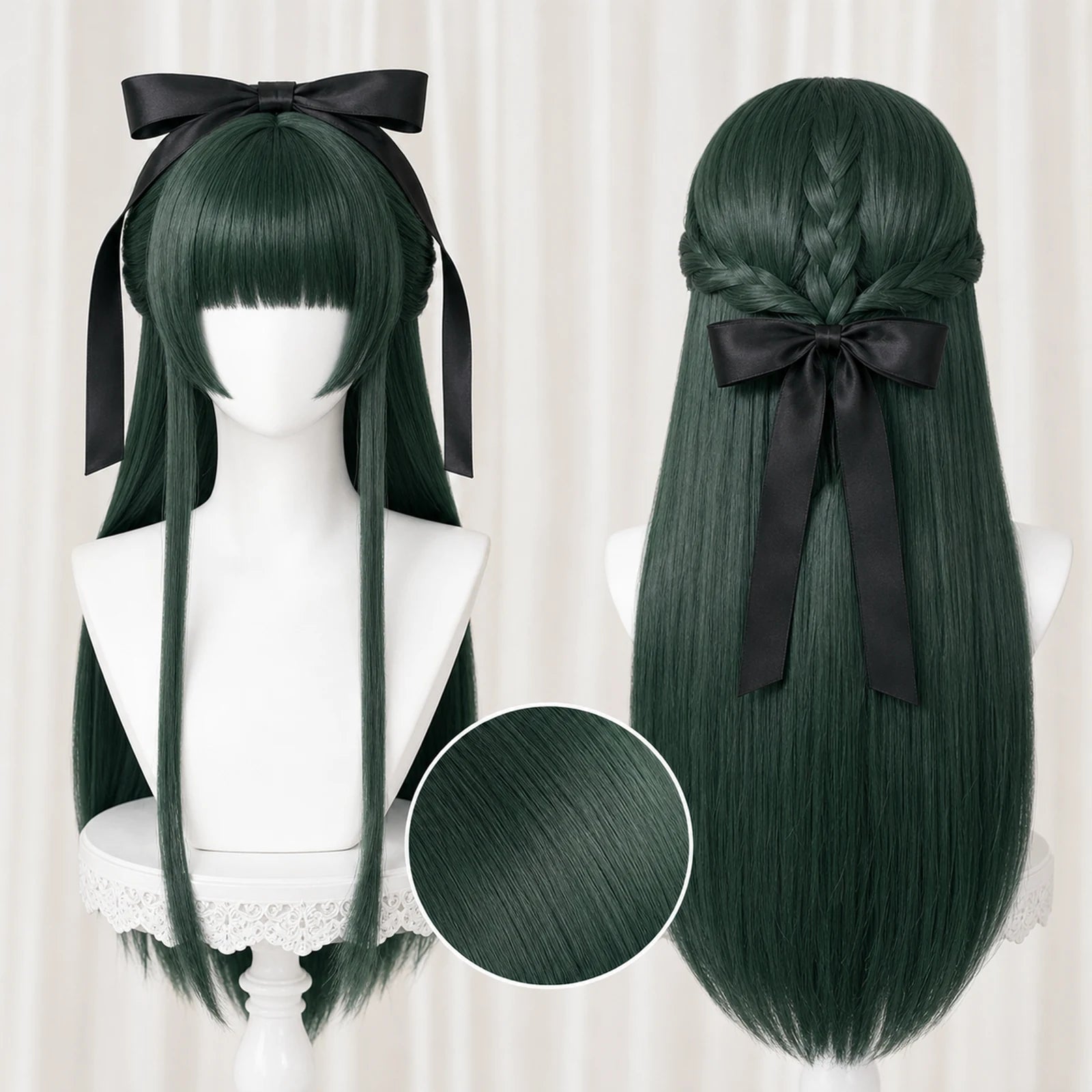 CosNova Type8 long dark green cosplay wig with black ribbon crown and braided back