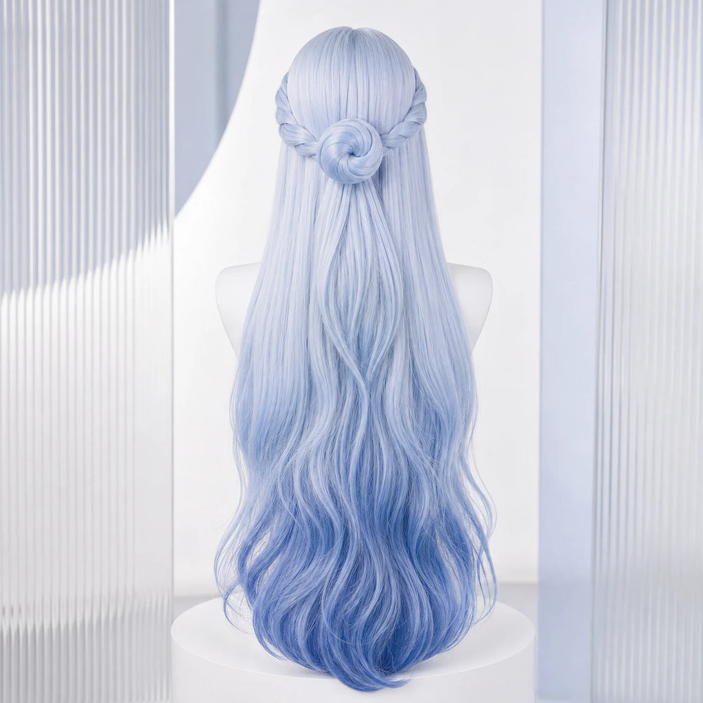 CosNova long light blue cosplay wig back view with sculpted bow detail and long waves