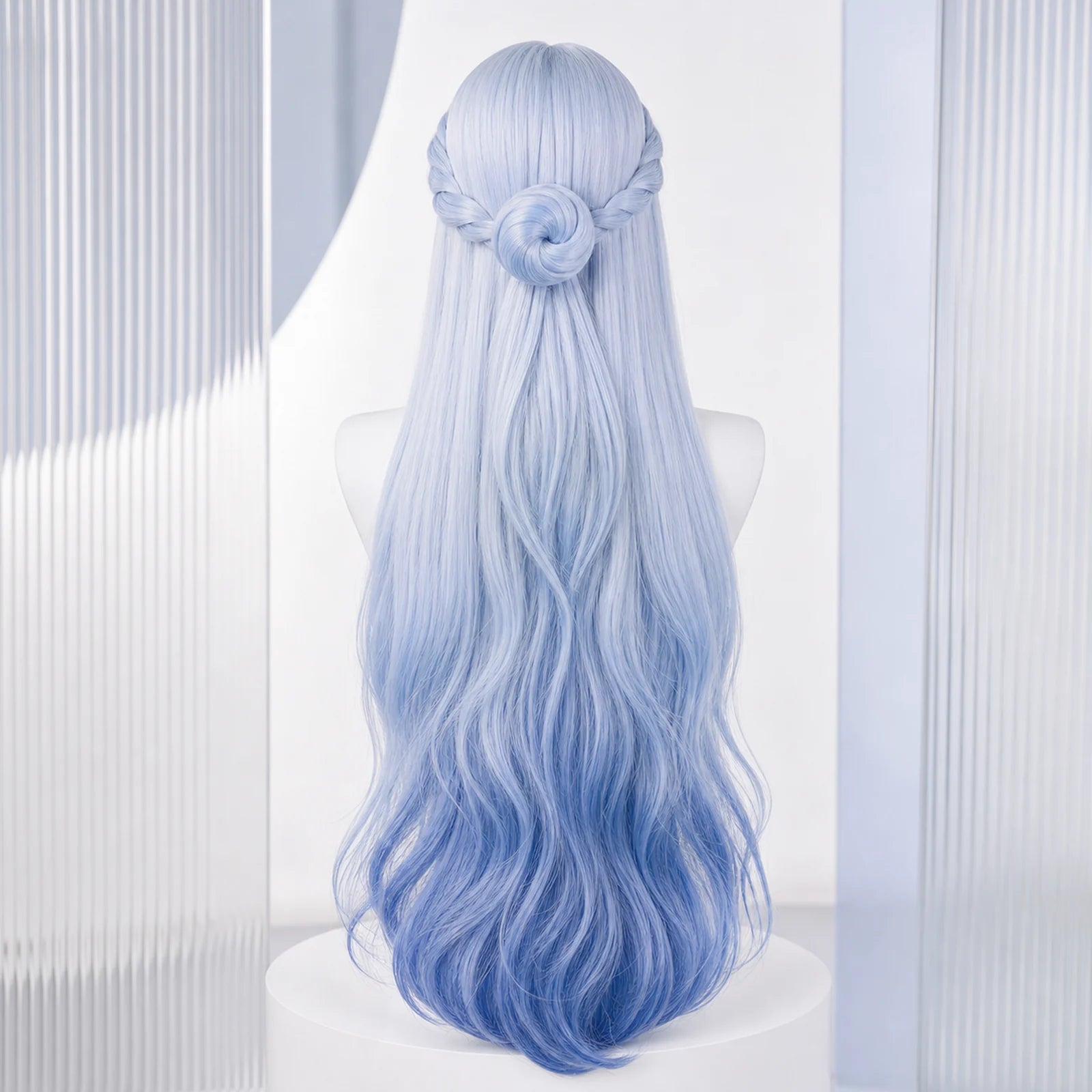CosNova long light blue cosplay wig back view with sculpted bow detail and long waves