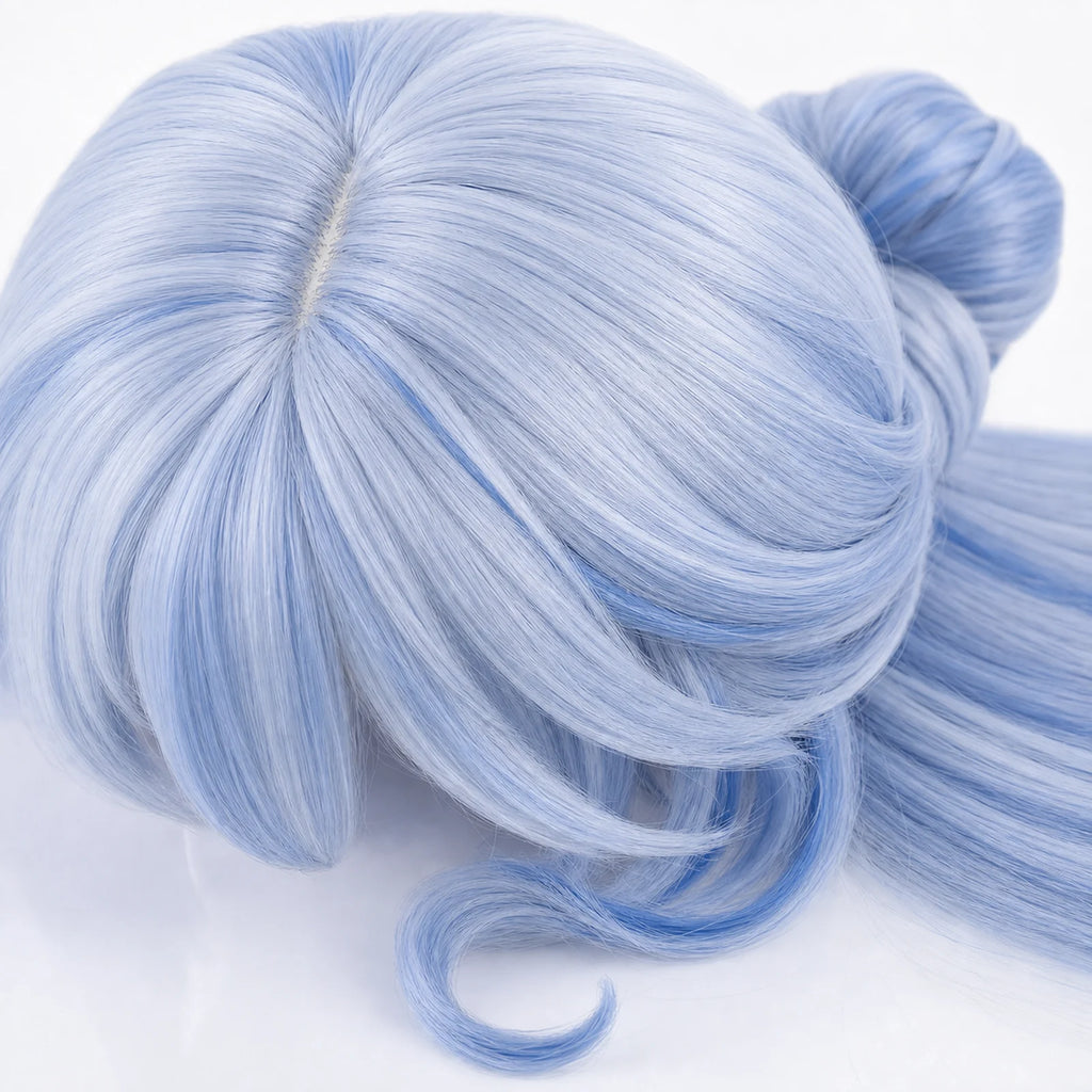 Close-up of CosNova light blue heat-resistant synthetic wig fiber and crown parting