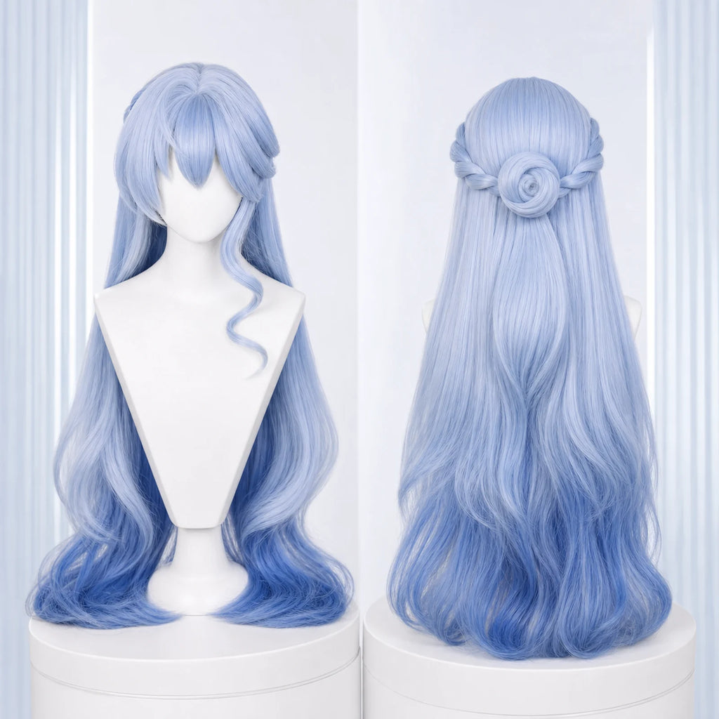 CosNova long light blue cosplay wig front and back mannequin view with bow-like back detail