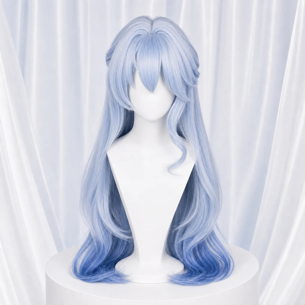 CosNova long light blue cosplay wig front view with layered bangs and blue gradient waves
