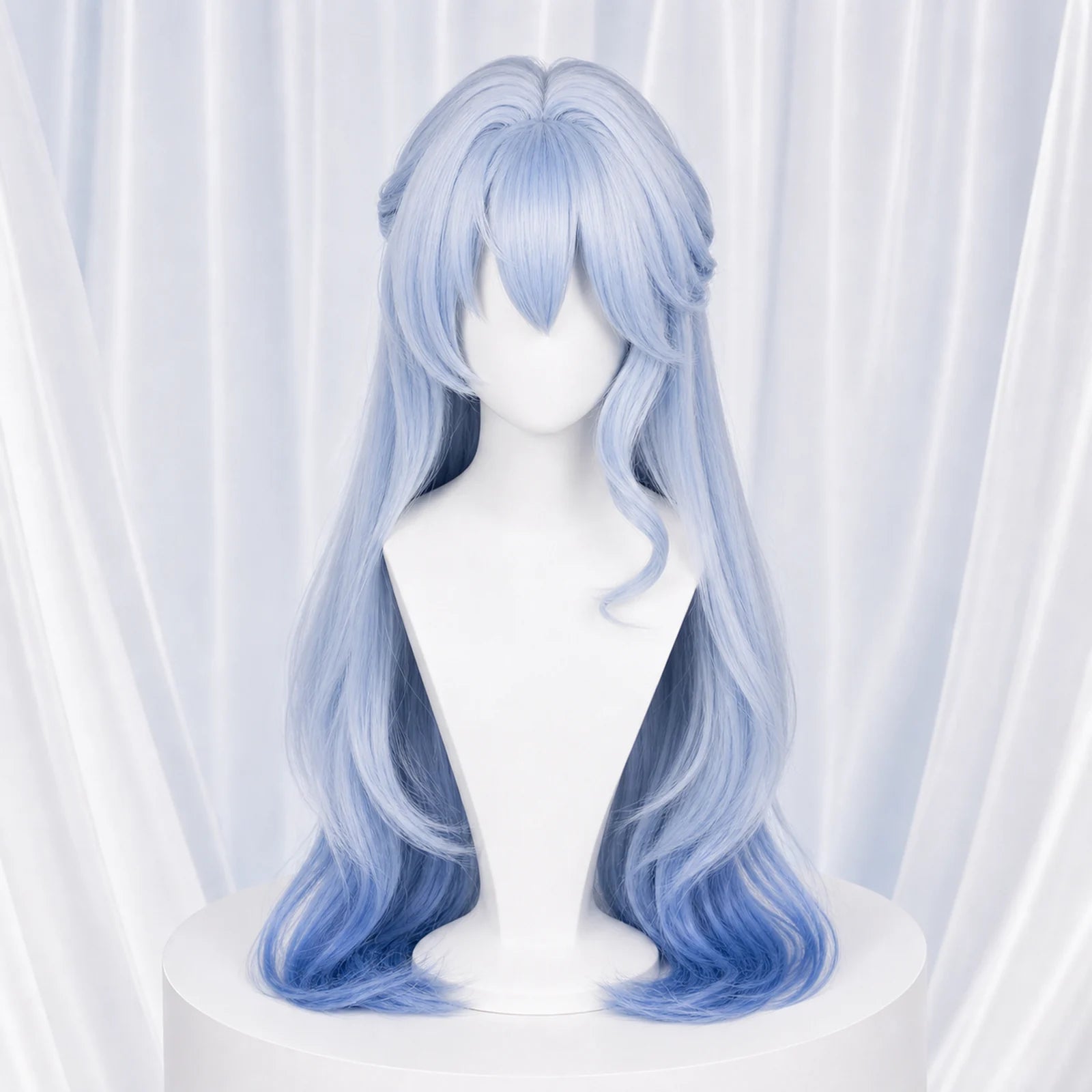CosNova long light blue cosplay wig front view with layered bangs and blue gradient waves