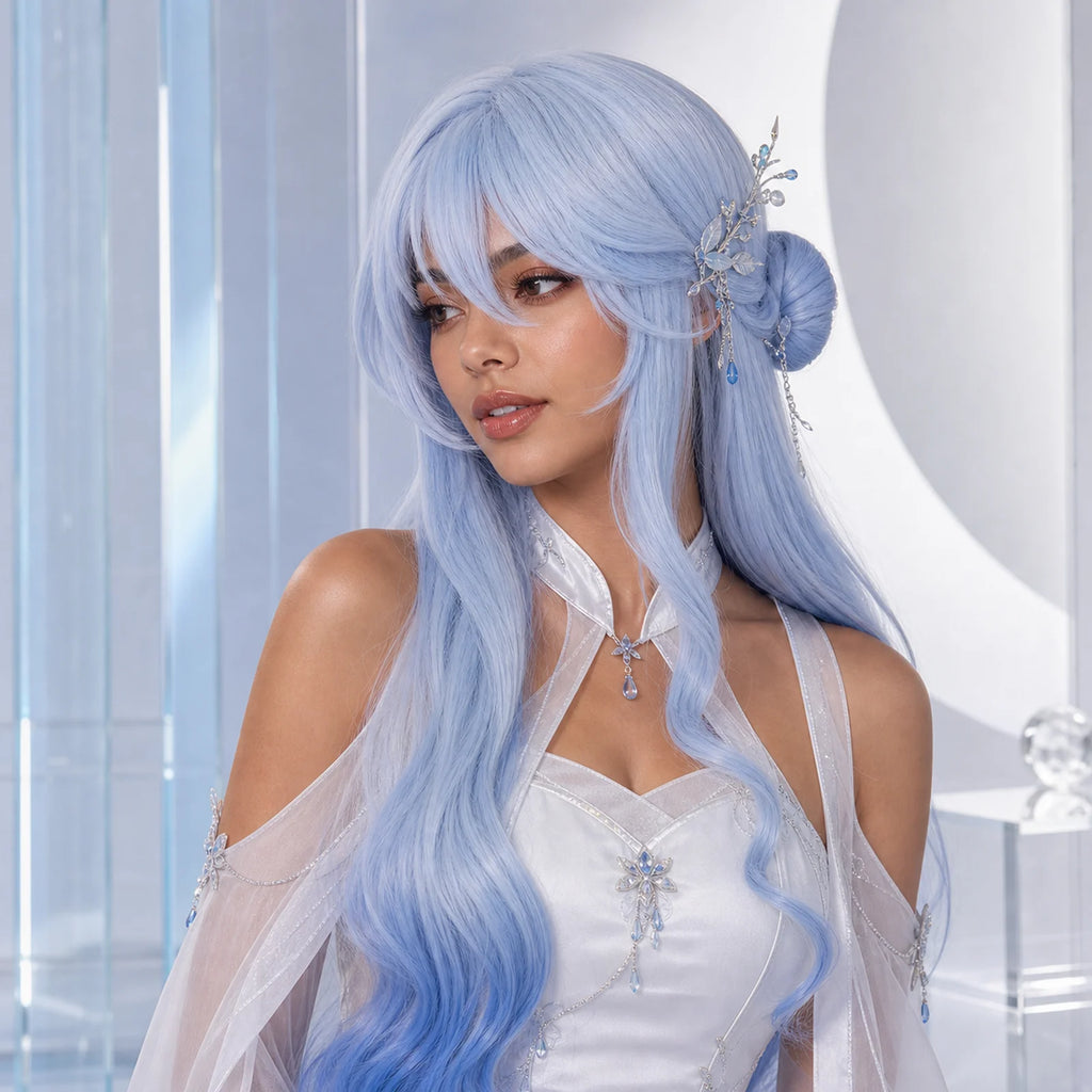 CosNova Mizuki-inspired long light blue cosplay wig worn by model in premium studio hero image