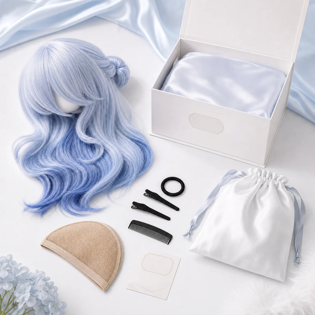 CosNova long light blue cosplay wig with boutique packaging, wig cap, clips, and hair tie