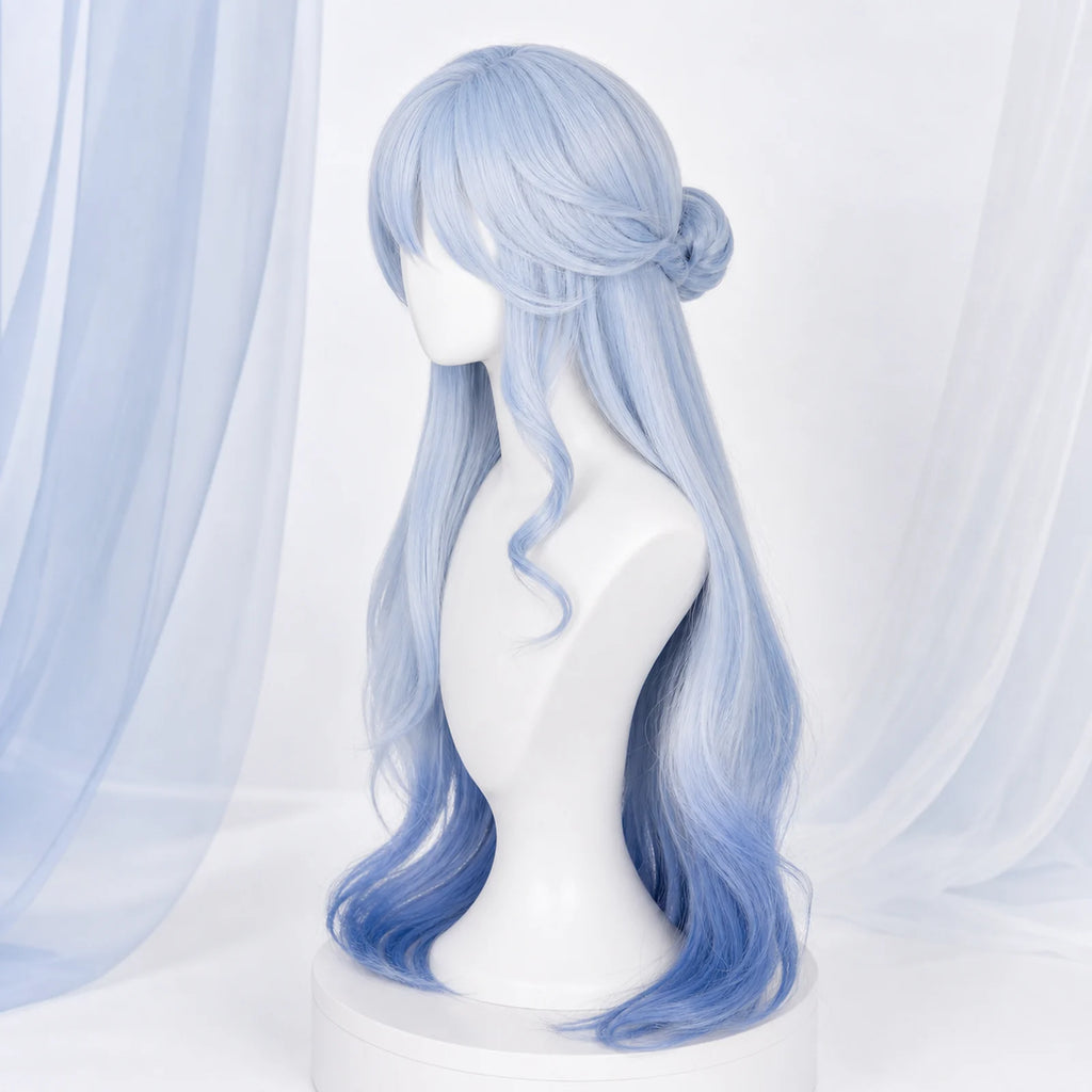 CosNova long light blue cosplay wig side view with face-framing curl and flowing length