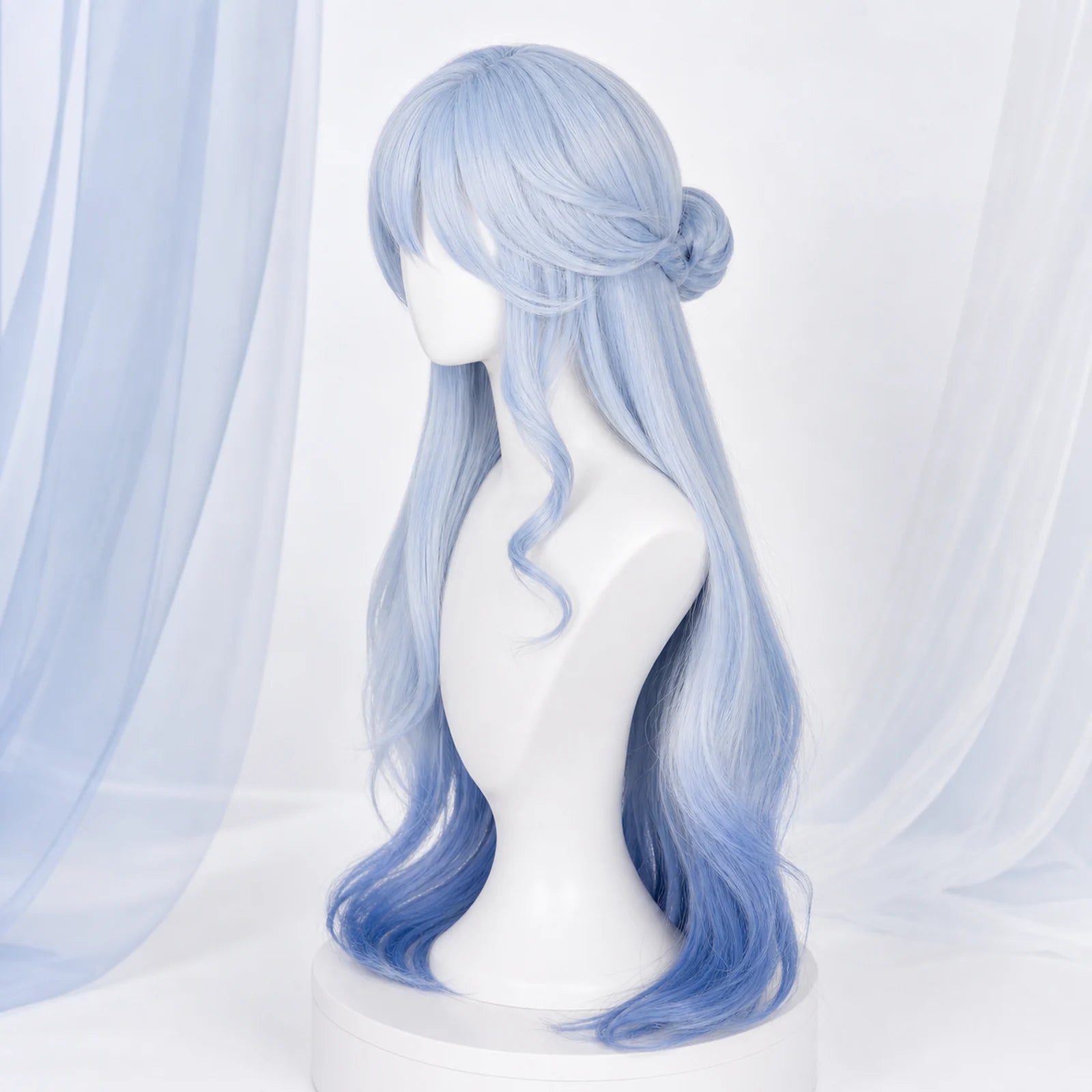 CosNova long light blue cosplay wig side view with face-framing curl and flowing length
