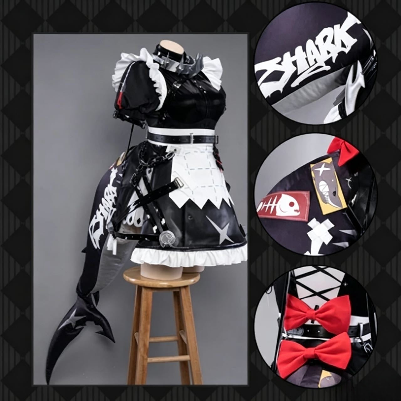CosNova black white maid cosplay costume side view and design details