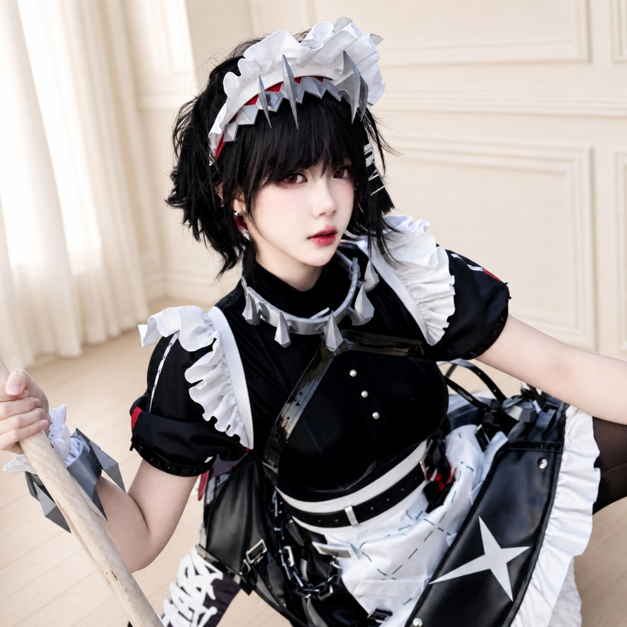 CosNova black white maid cosplay costume worn by a model in a warm-white studio
