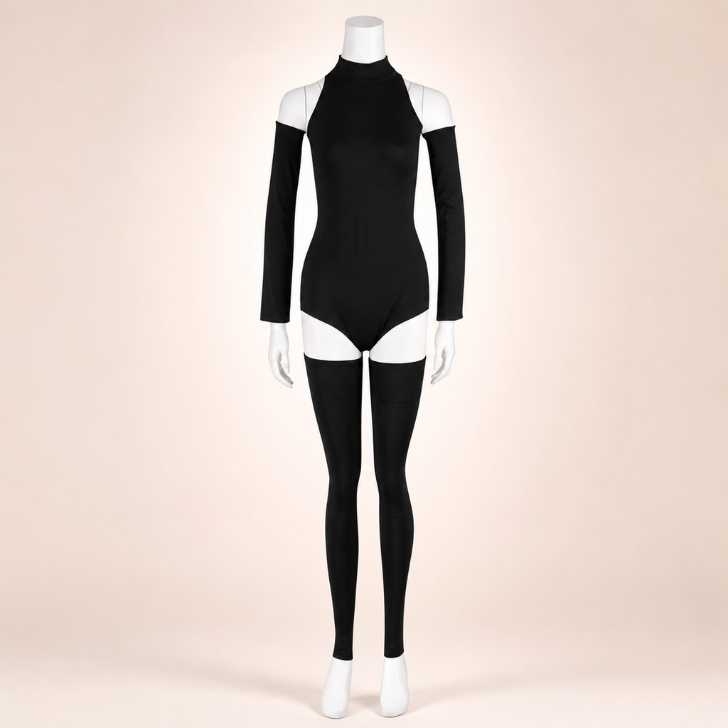 CosNova black cutout jumpsuit costume set straight front view
