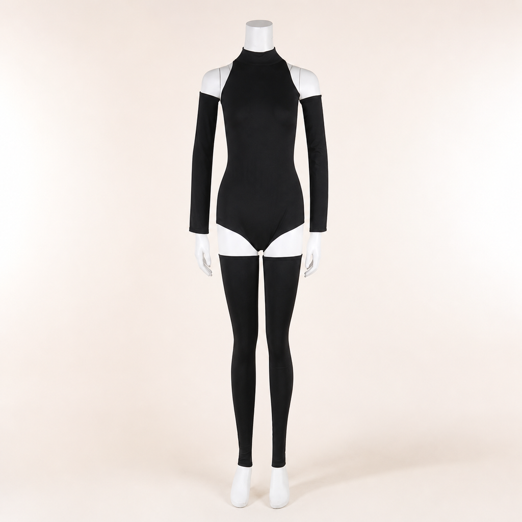 CosNova black cutout jumpsuit costume set front hero on a warm-white mannequin