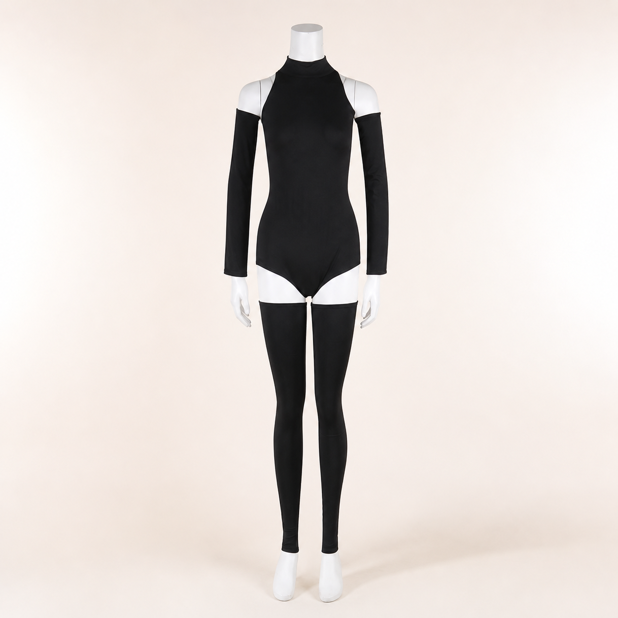 CosNova black cutout jumpsuit costume set front hero on a warm-white mannequin