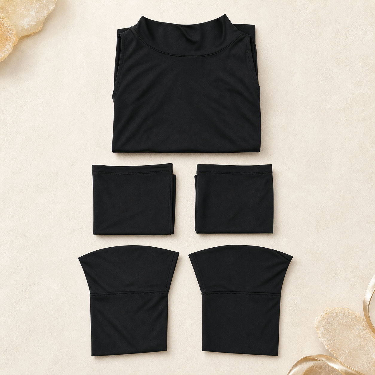 CosNova black cutout jumpsuit five-piece package flat lay