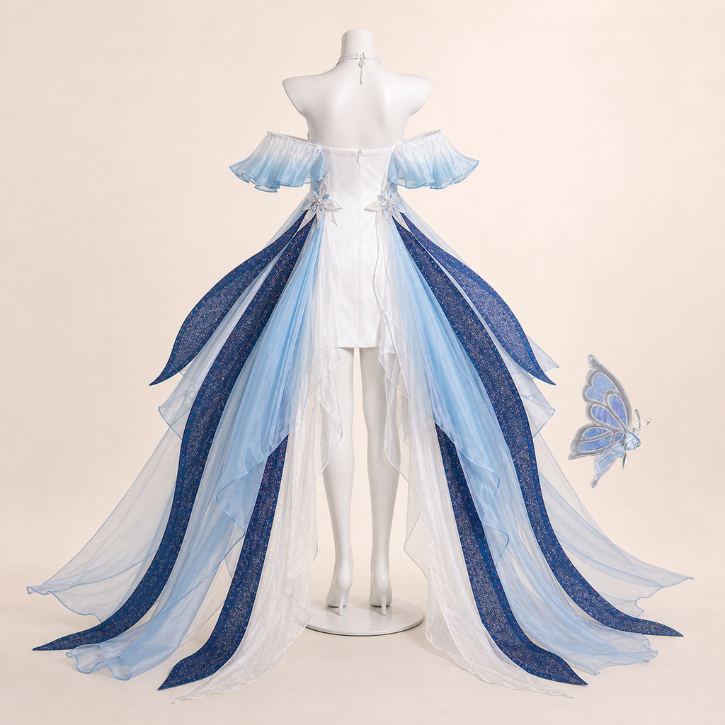 CosNova pearl blue cosplay dress back view with navy glitter train panels