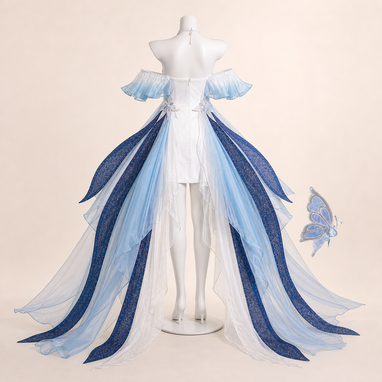 CosNova pearl blue cosplay dress back view with navy glitter train panels