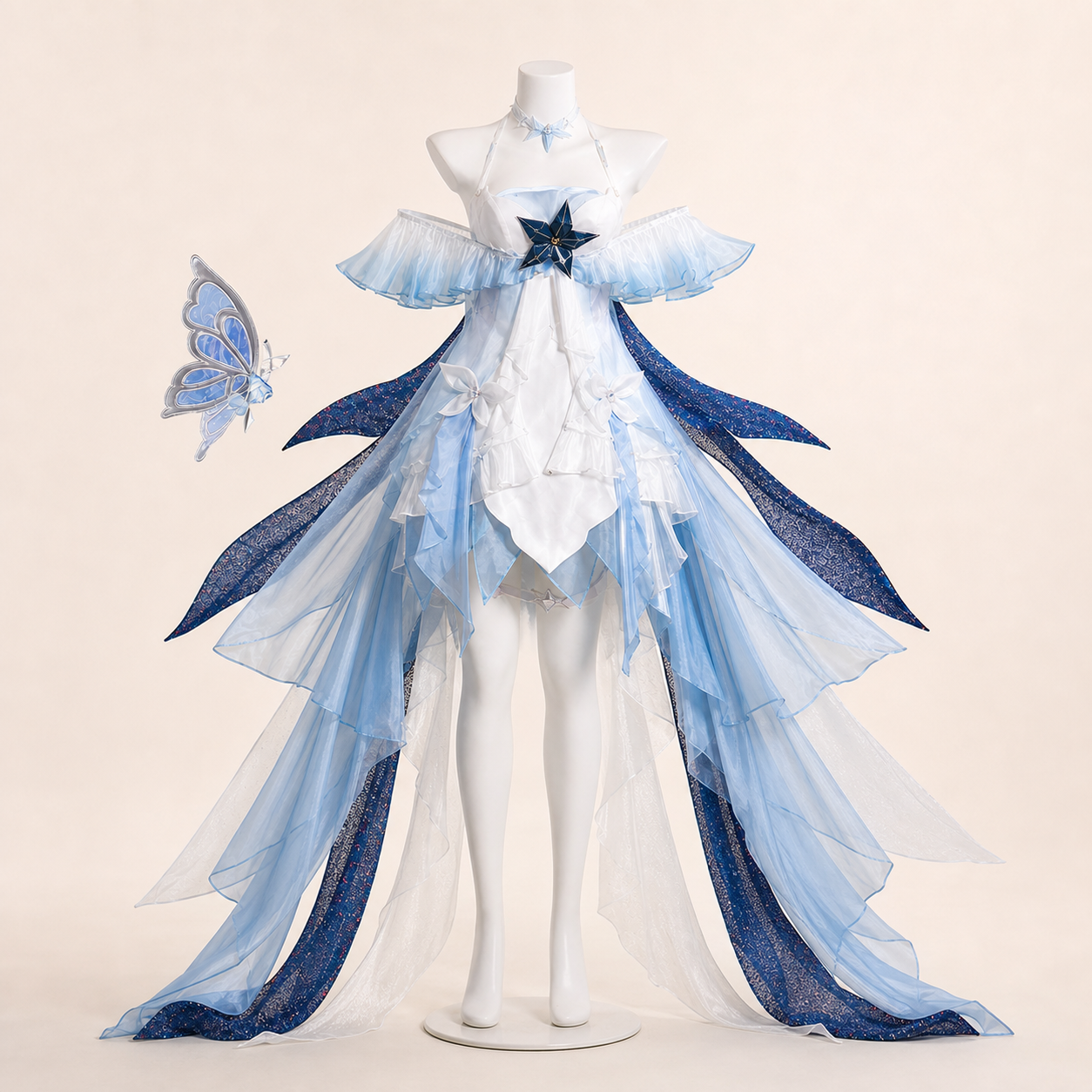 CosNova pearl blue short-front cosplay dress front view with flowing train