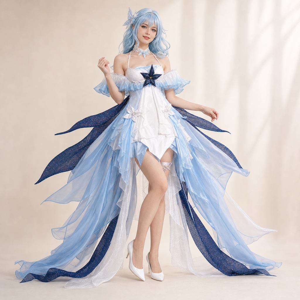 Adult model wearing CosNova pearl blue short-front costume with flowing train