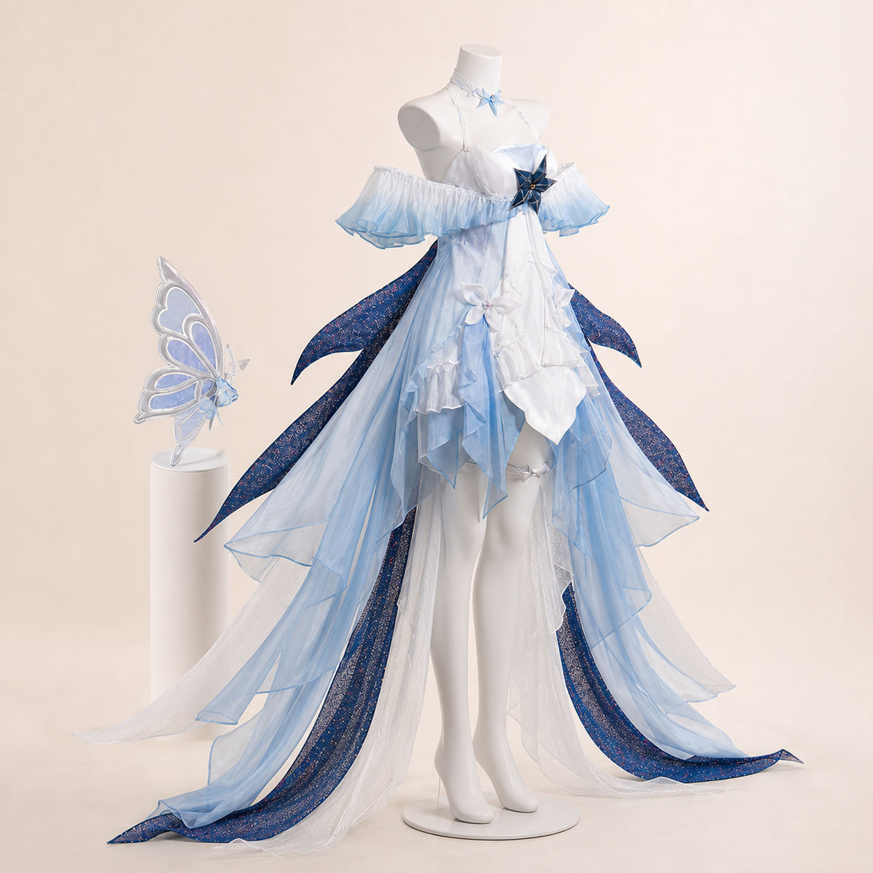 CosNova pearl blue tidal dream costume side view with butterfly accessory