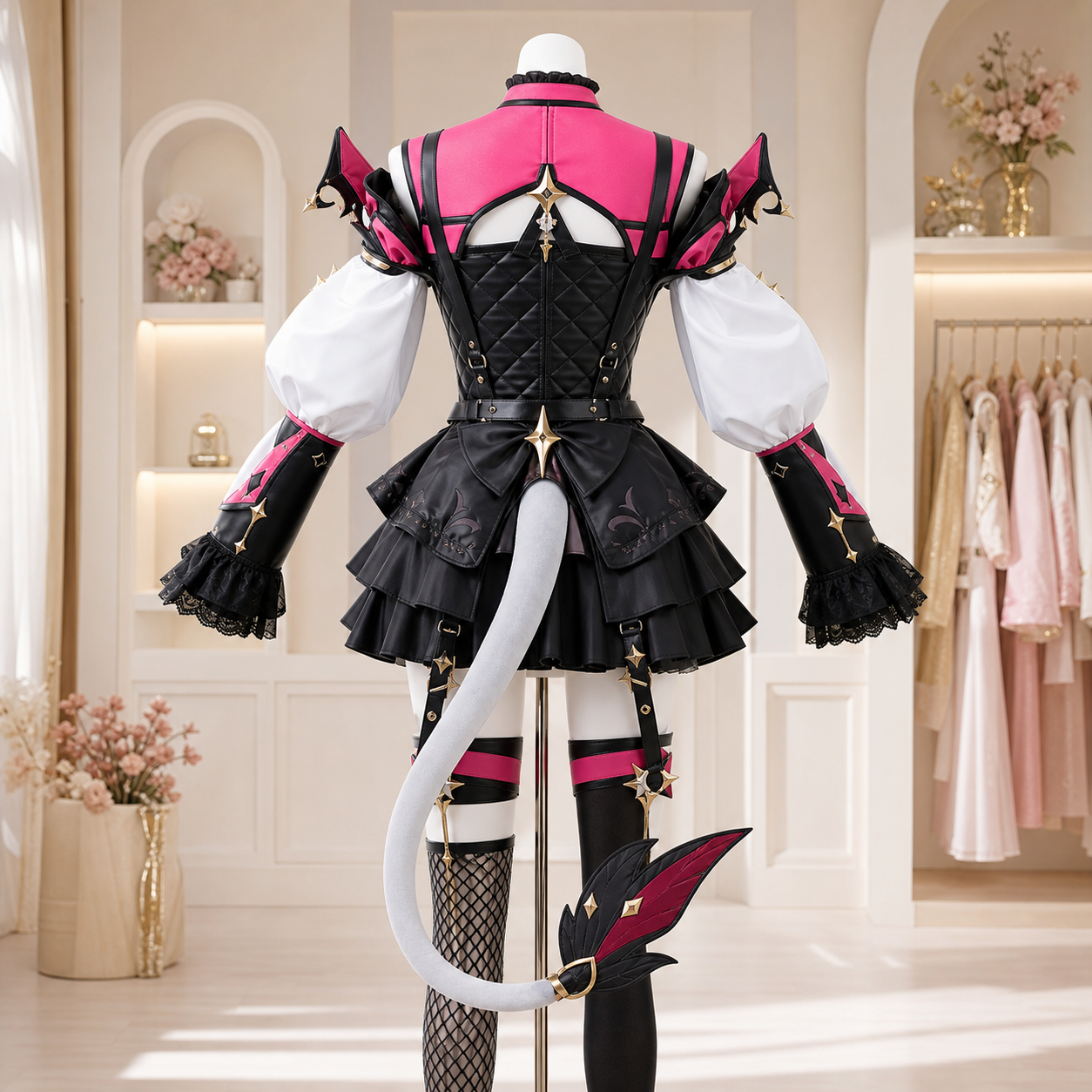 CosNova pink black cosplay costume back view with pale gray tail accessory