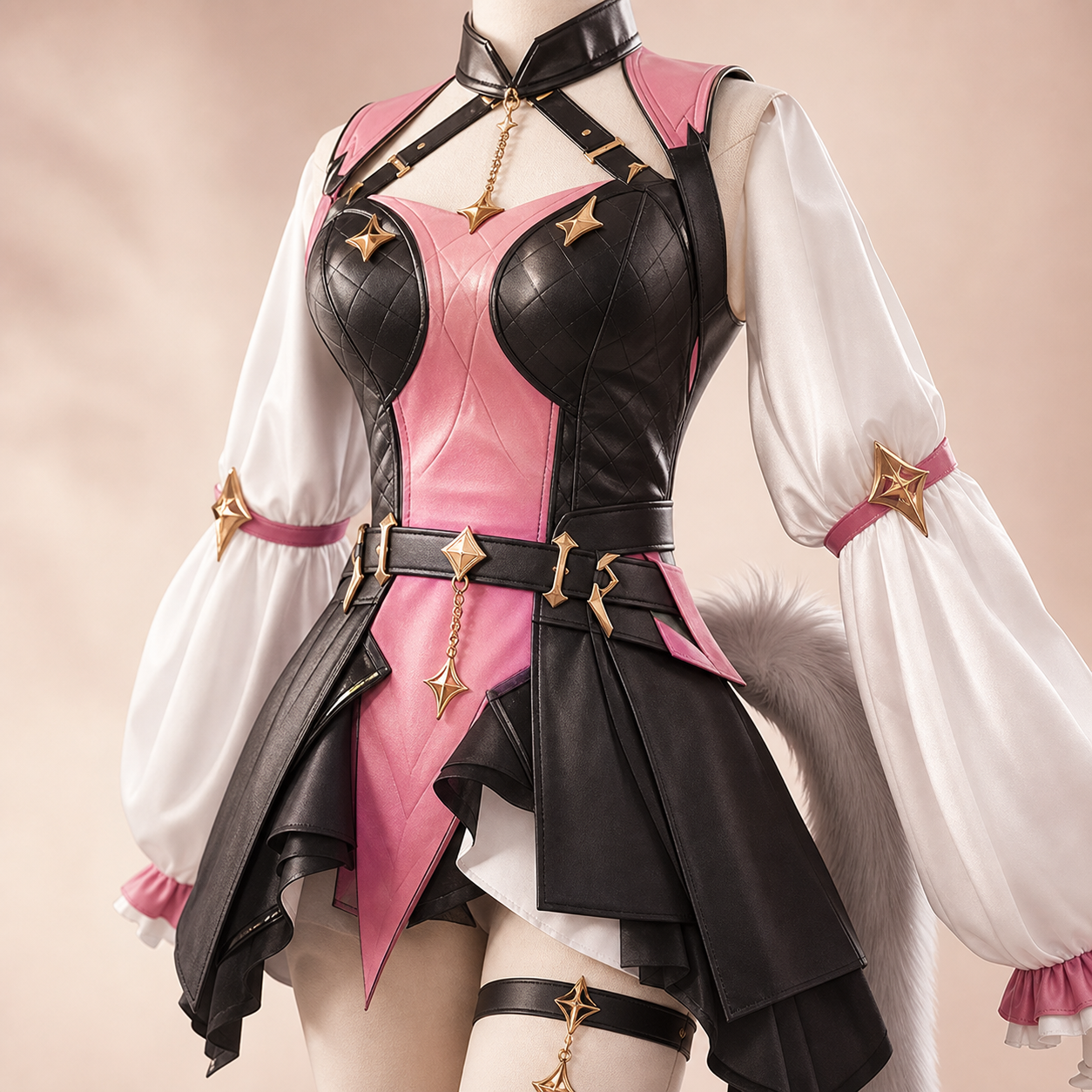 CosNova pink black fantasy cosplay costume close detail with belt sleeves and tail attachment