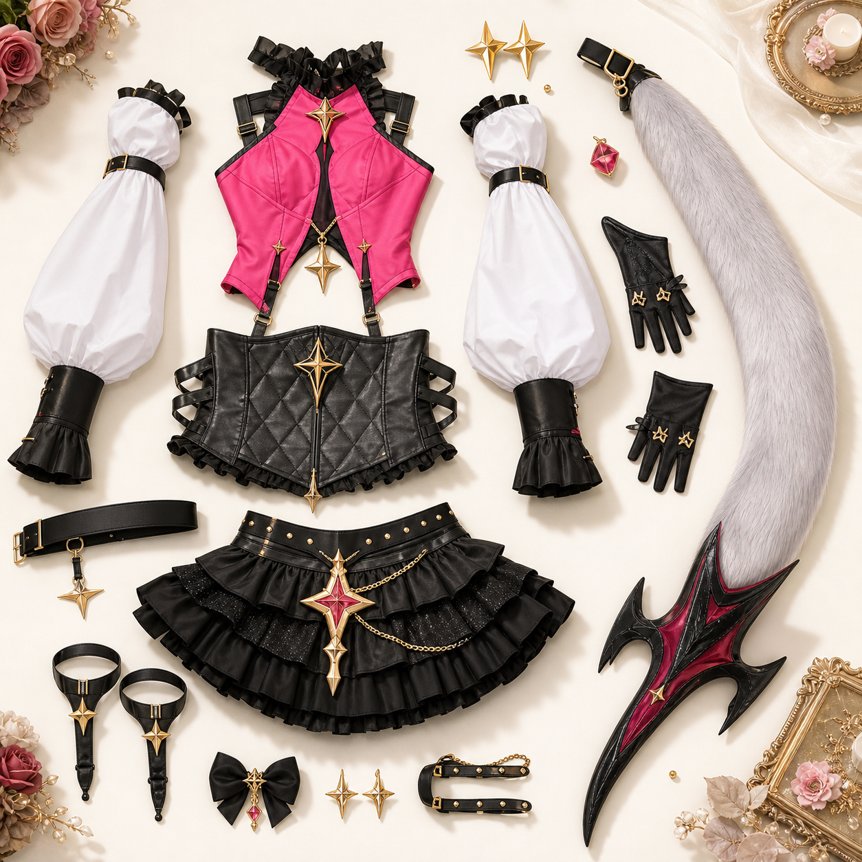 CosNova pink black fantasy tail cosplay costume components flat lay with sleeves belt and skirt