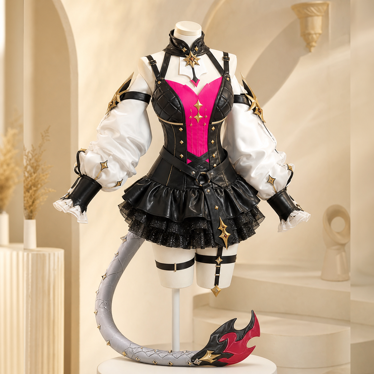 CosNova pink black fantasy tail cosplay costume on mannequin in warm studio hero view