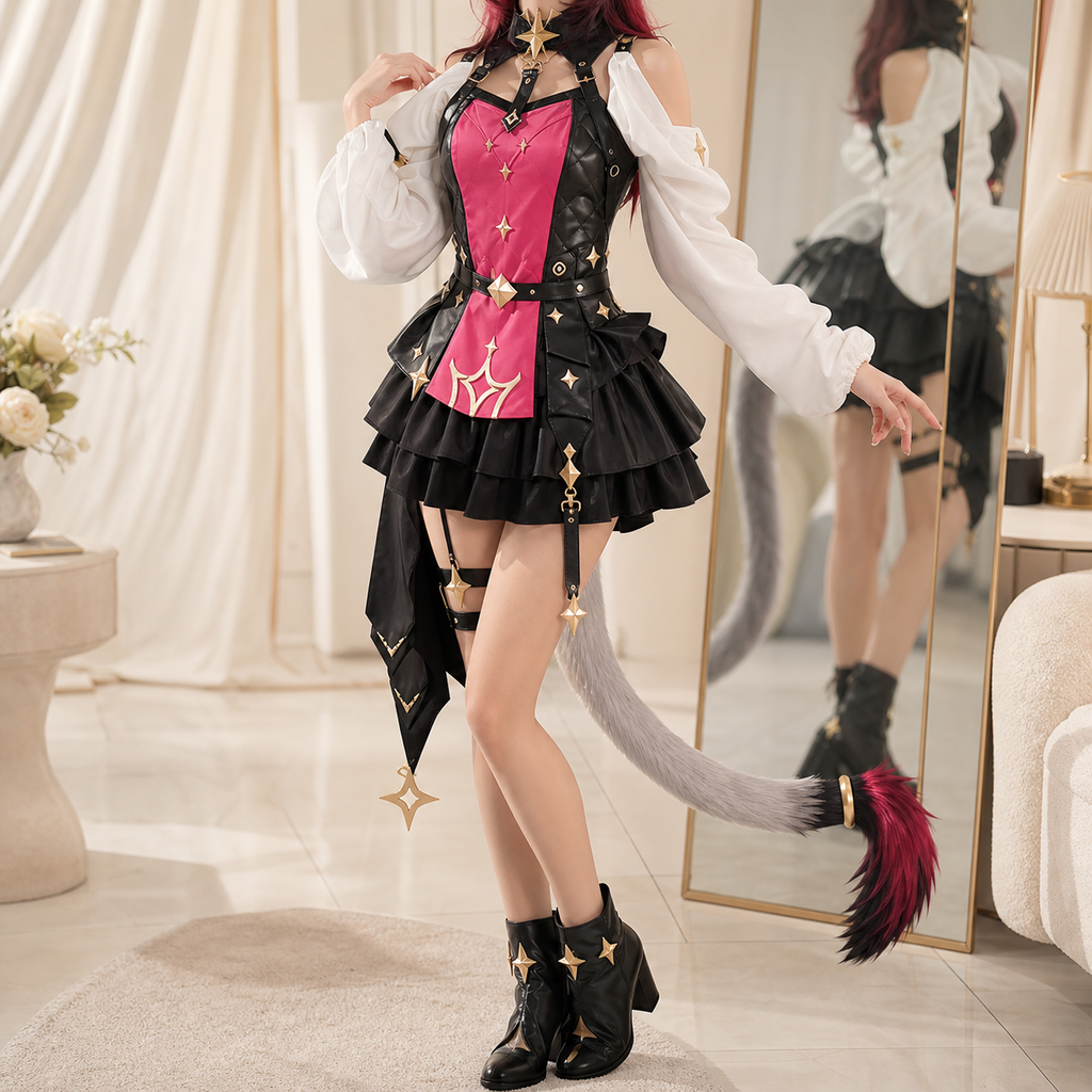 CosNova pink black fantasy tail cosplay costume worn in a clean warm studio scene