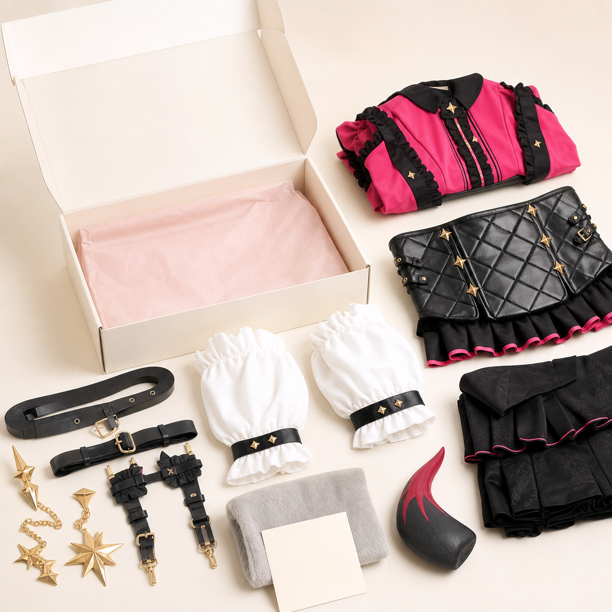 CosNova pink black fantasy cosplay costume package contents with folded components