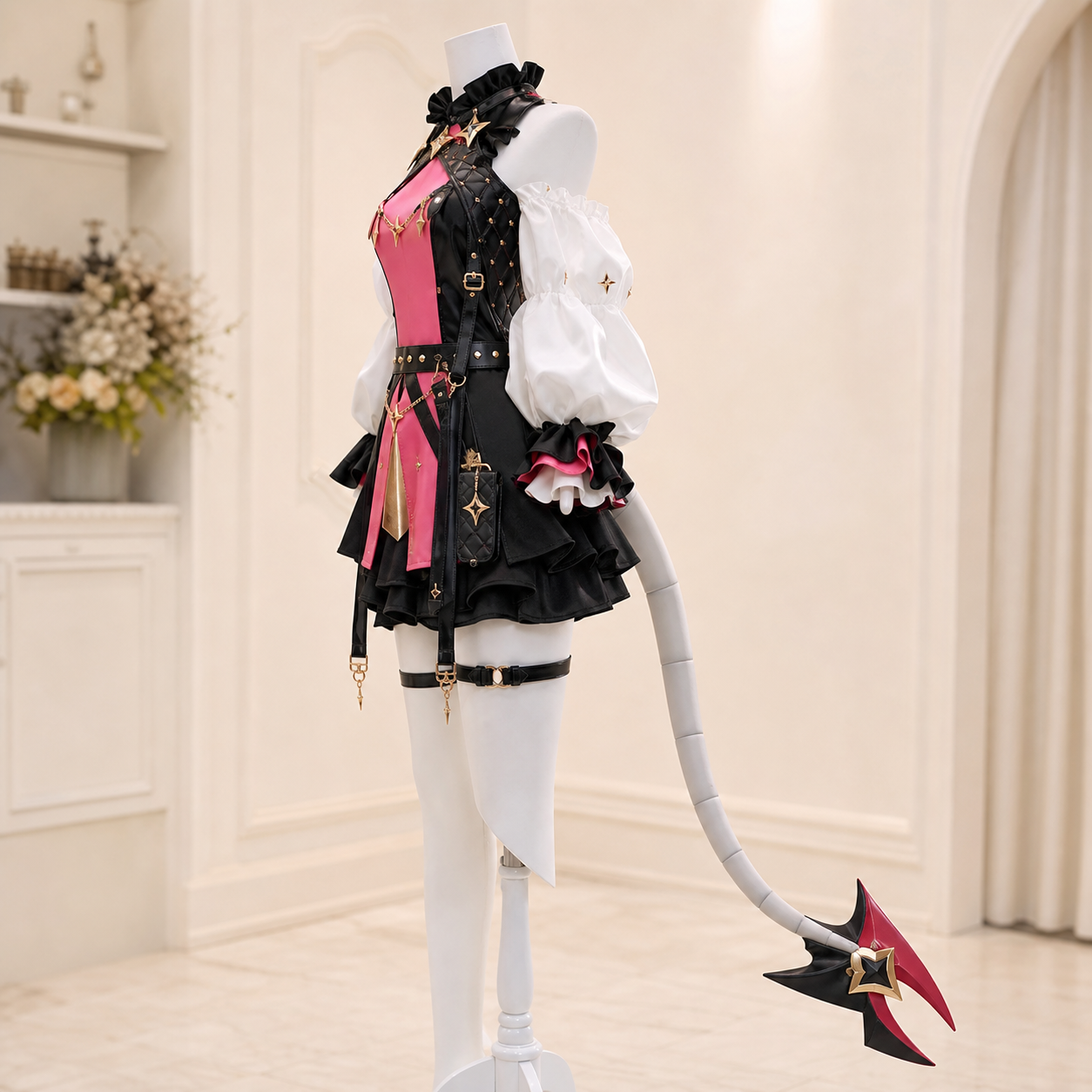 CosNova pink black fantasy cosplay costume side view showing layered skirt and sleeves