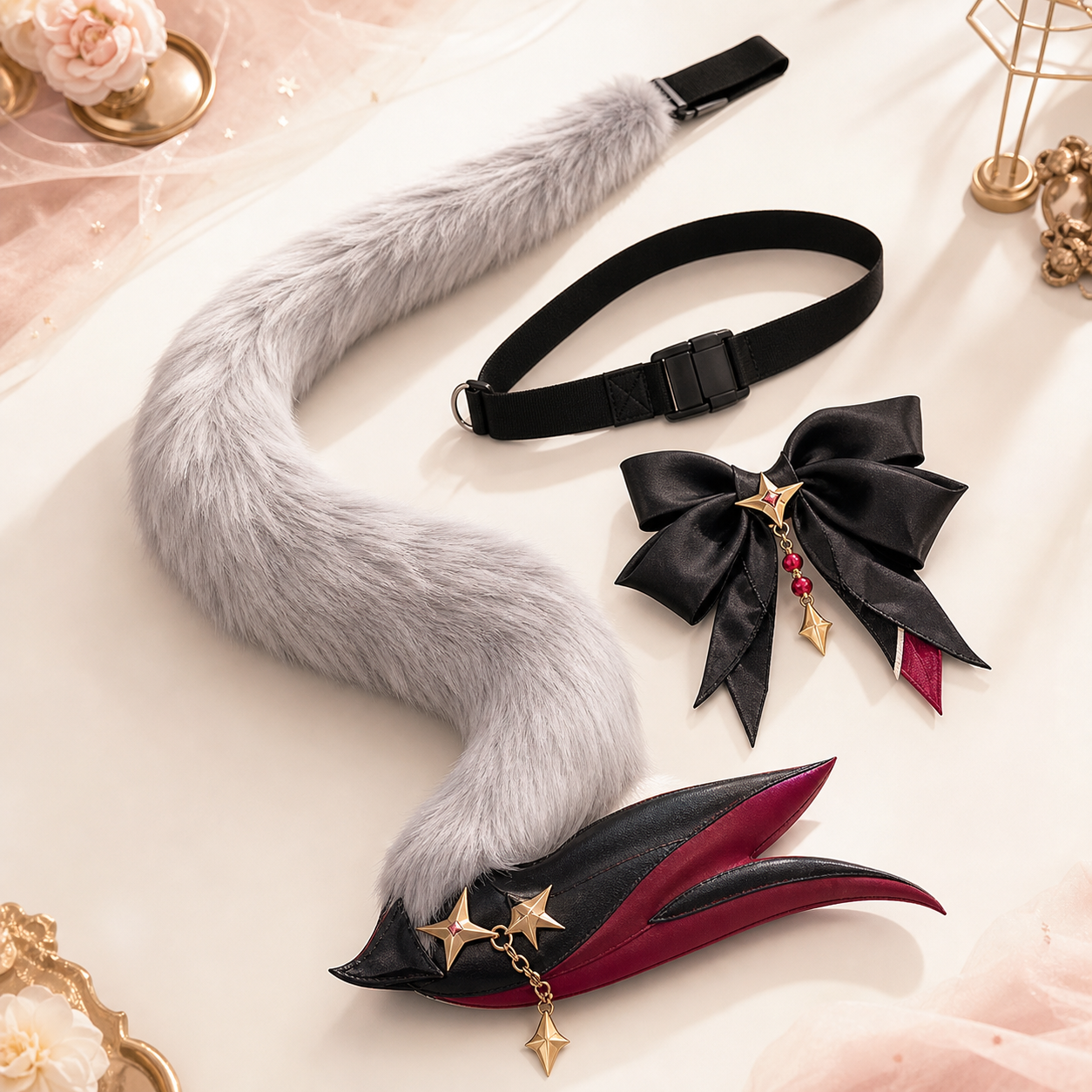 CosNova accessory-only pale gray tail set with bow and prop without filler