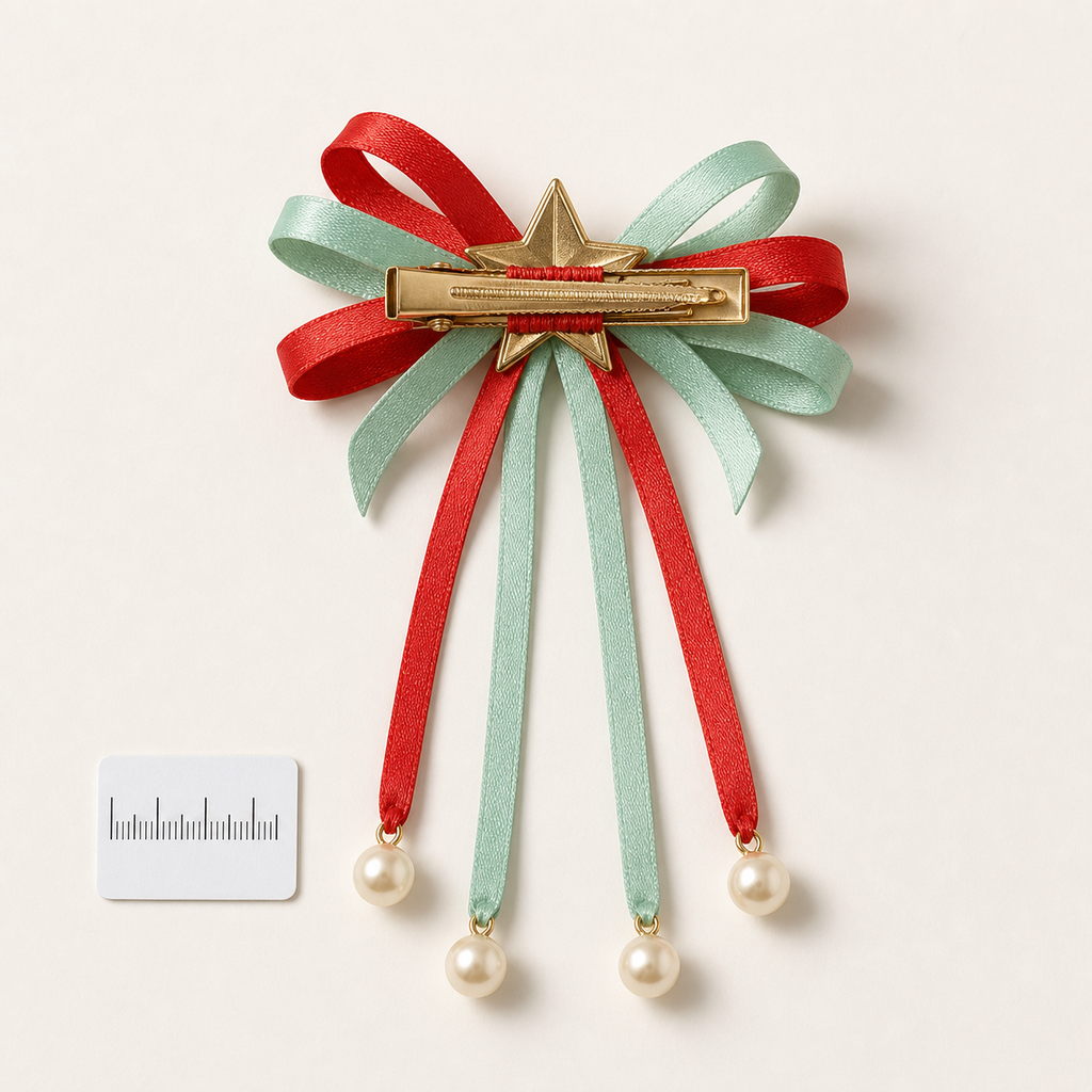 Reverse view of CosNova bow star hair clip with gold spring clip stitching and pearl streamers
