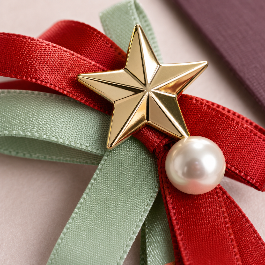 Macro detail of CosNova red mint satin ribbon faceted gold star and ivory pearl