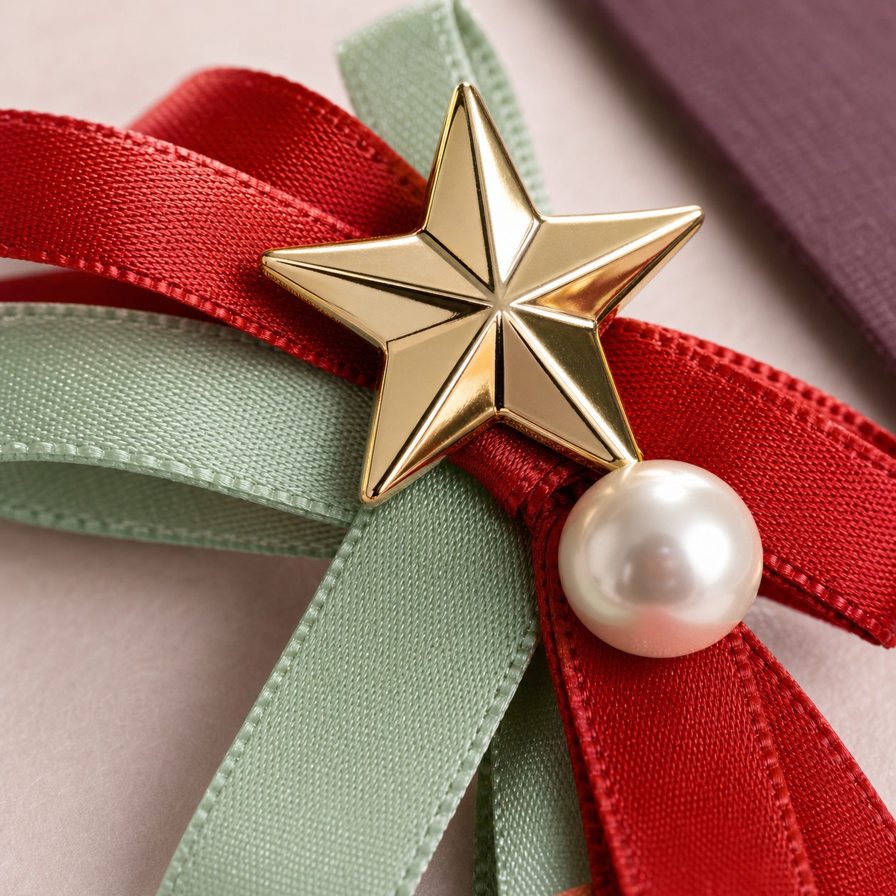 Macro detail of CosNova red mint satin ribbon faceted gold star and ivory pearl