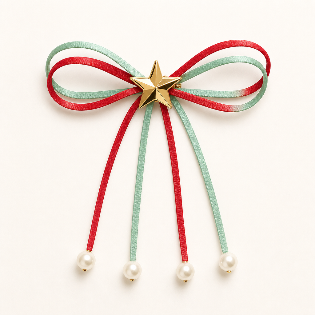 CosNova red and mint green bow star hair clip with four long pearl-tipped streamers
