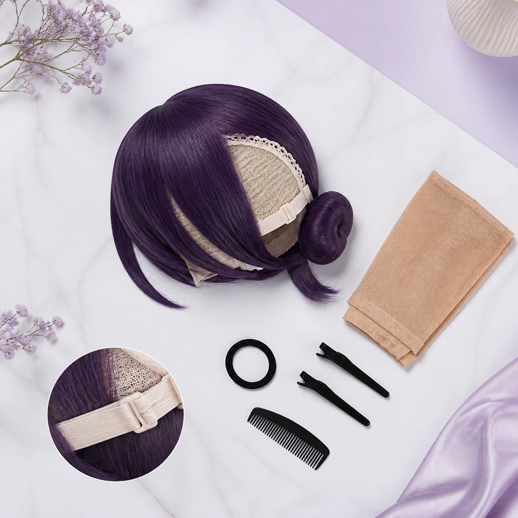CosNova purple cosplay wig with breathable cap, adjustable straps, wig cap, clips, and hair tie