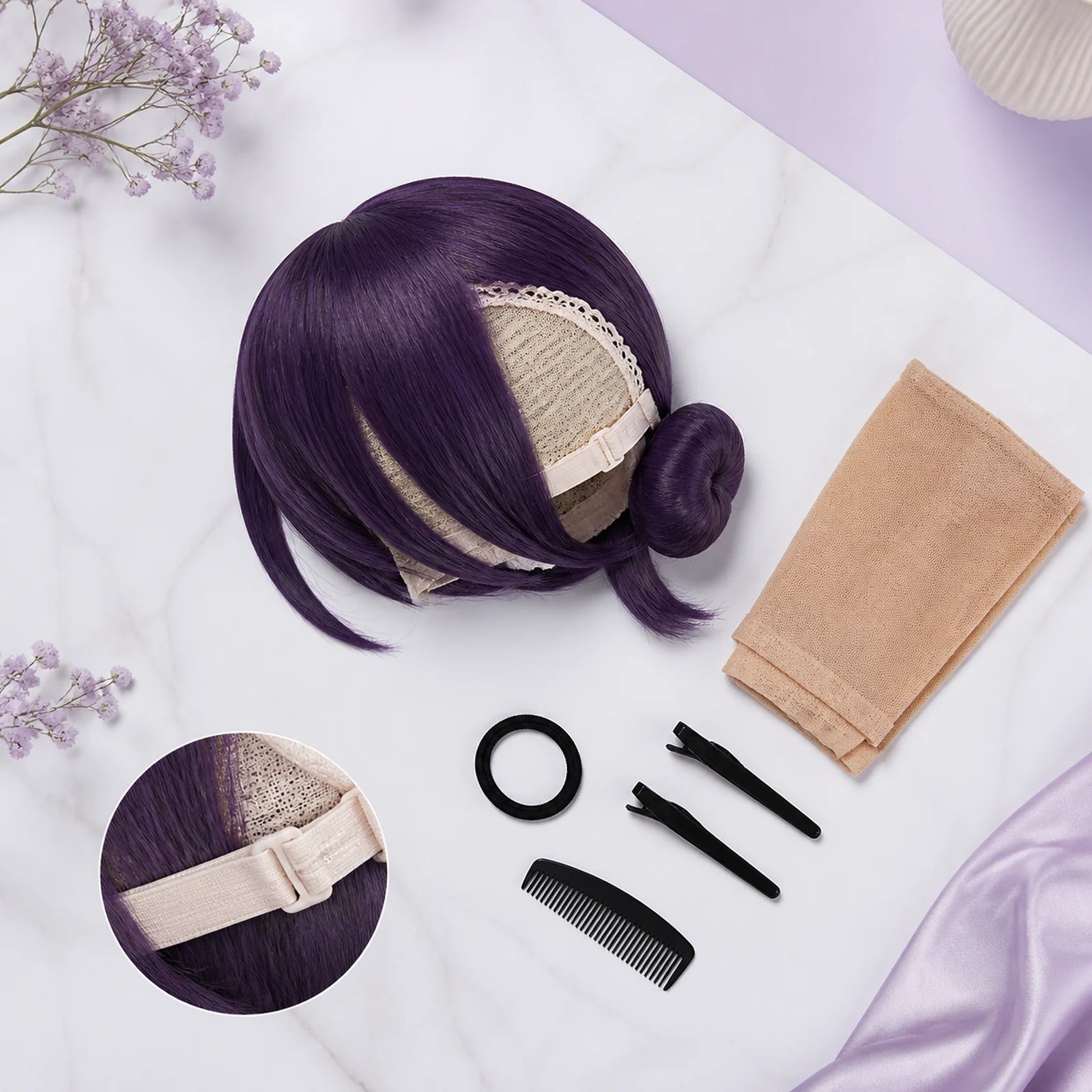 CosNova purple cosplay wig with breathable cap, adjustable straps, wig cap, clips, and hair tie