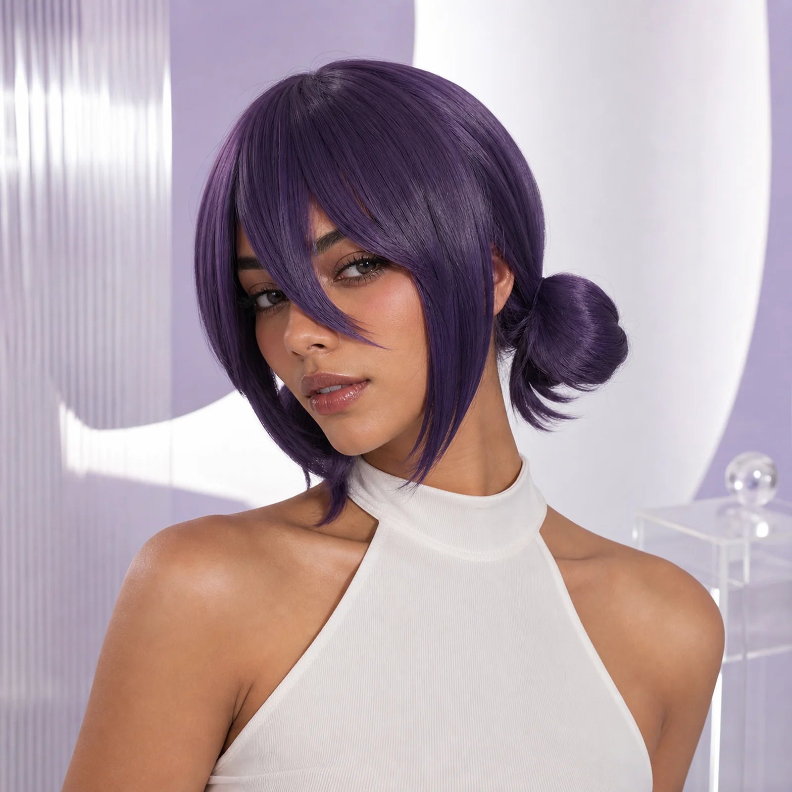CosNova Reze-inspired short purple cosplay wig worn by model in premium studio hero image