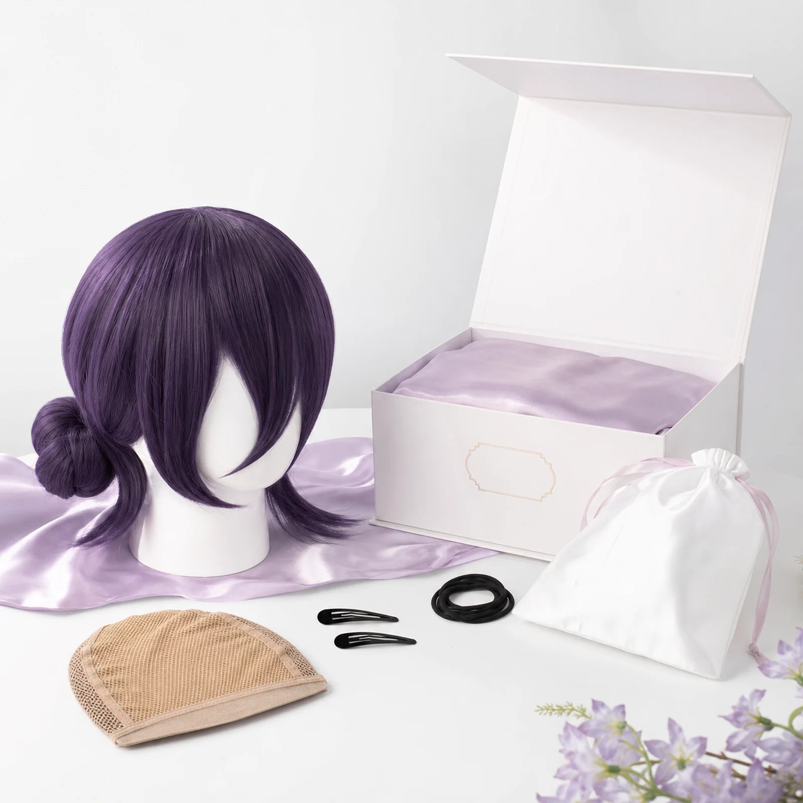CosNova short purple cosplay wig with boutique packaging and included styling accessories