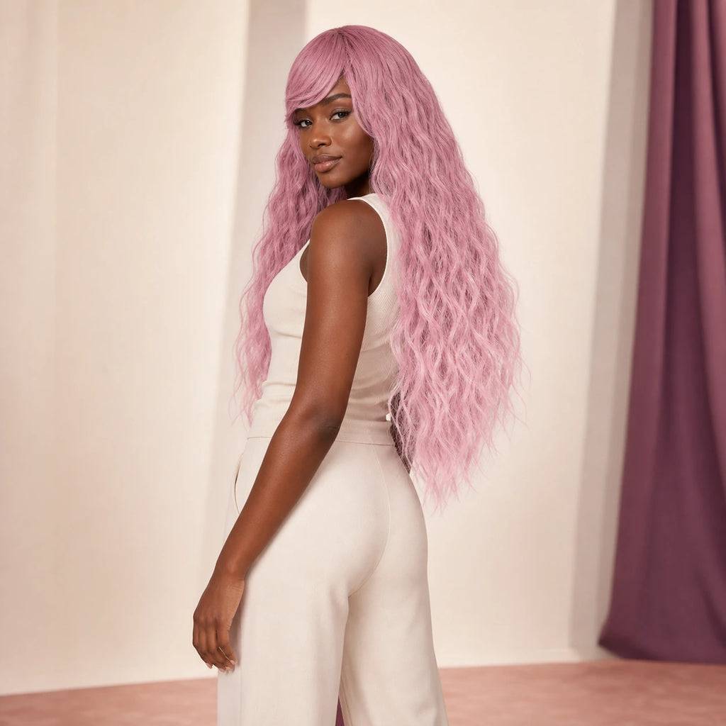 CosNova Rose Fade wig shown at full length on a second original model with deep brown skin