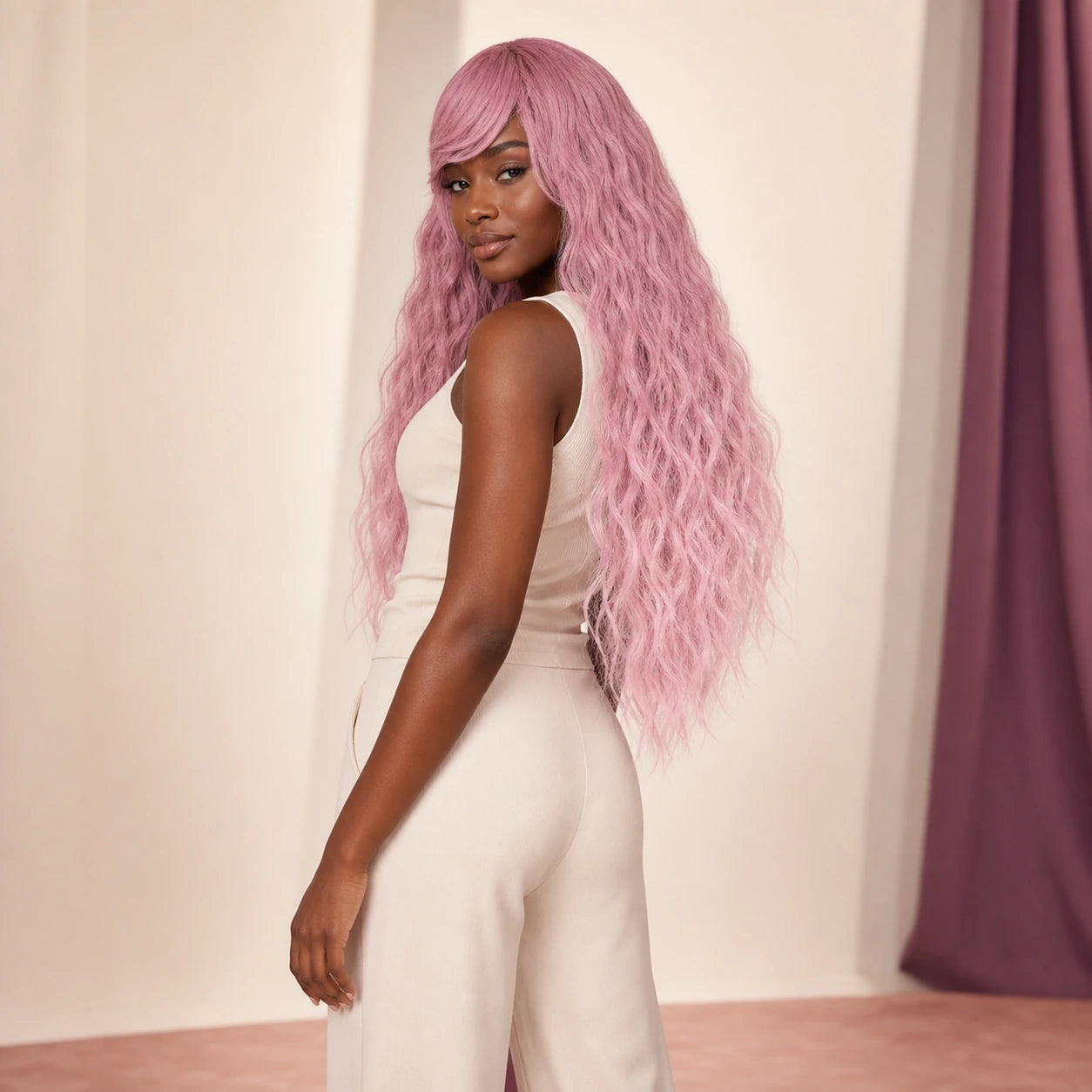 CosNova Rose Fade wig shown at full length on a second original model with deep brown skin
